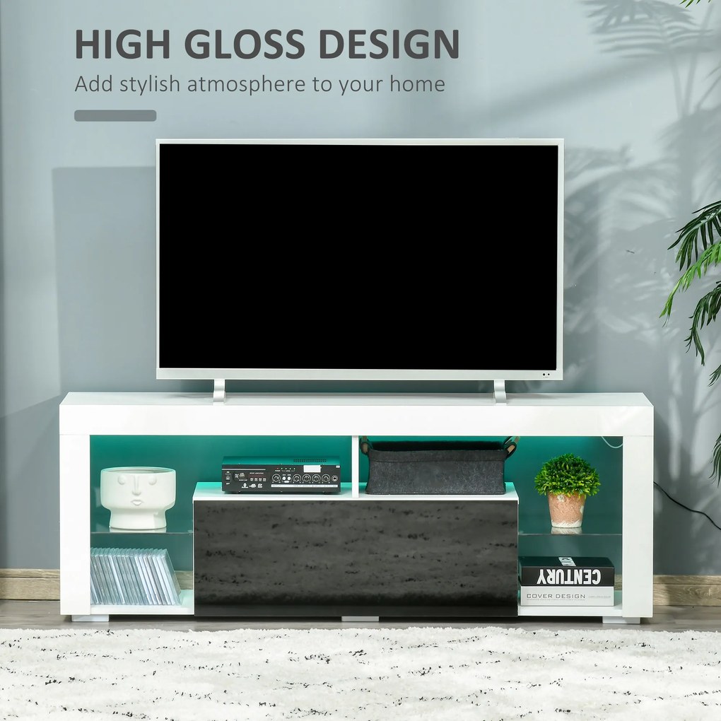 HOMCOM Suport TV cu Iluminare LED Multicoloră și Telecomandă, pentru Televizoare până la 55", Dulapior cu Sertare Lemn Alb Lucios | Aosom Romania