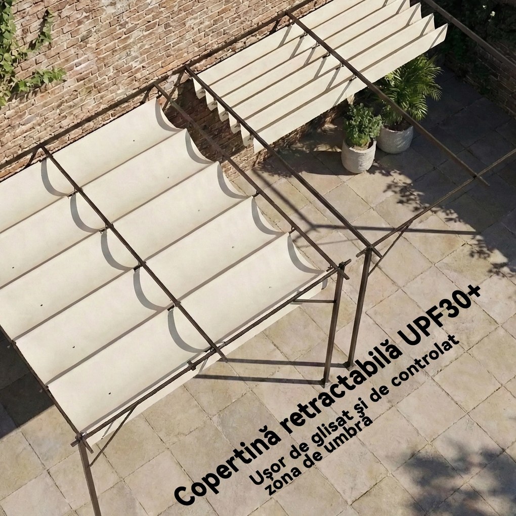 Outsunny Pergolă Adosată 3x3 m cu Acoperiș Retractabil, Orificii de Drenaj, Pergolă de Grădină din Poliester și Oțel, pentru Terasă, Exterior, UV30+, Alb Crem | Aosom Romania