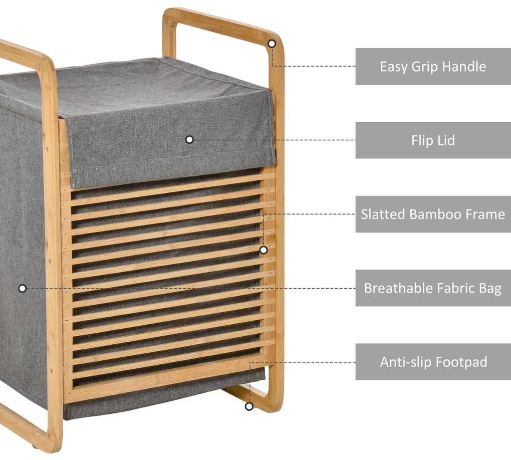 HOMCOM Coș de Rufe Stil Nordic, Mobilier Baie din Bambus și Pânză, Sac Detașabil, 40x35.5x60.5cm, Lemn și Gri | Aosom Romania