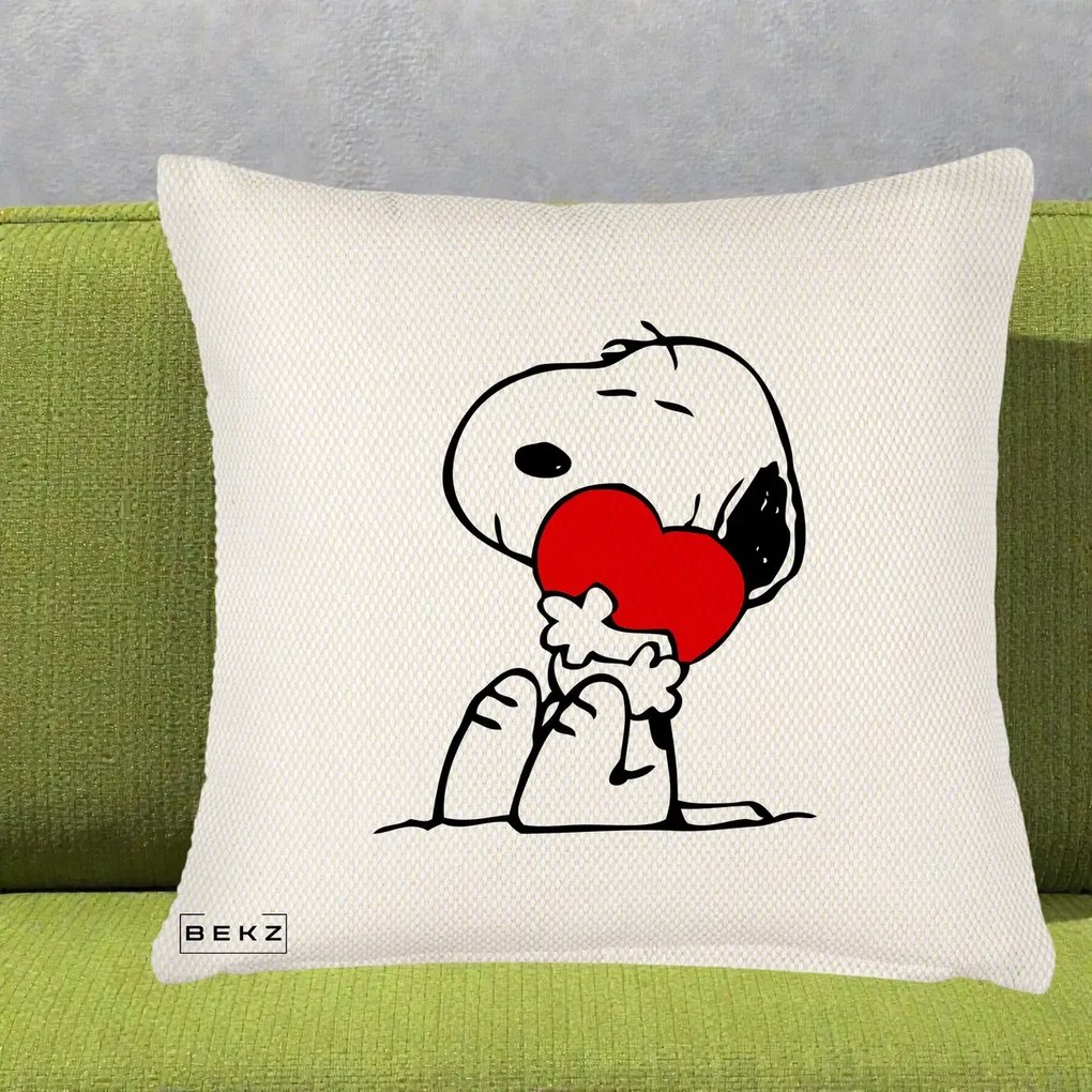 Perna Personalizata Snoopy cu Inima, 40x40 cm, Crem Reliefat, Husa Detasabila, Perna Inclusa, BEKZ®