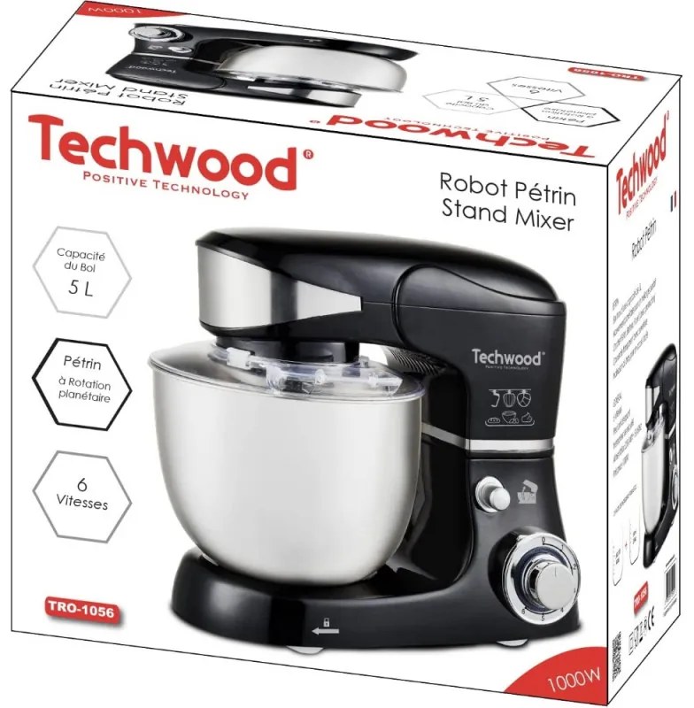 Mixer planetar Techwood TRO-1056, 1000W, Cupa inox 5 L, 6 viteze, 3 accesorii, Negru/Inox