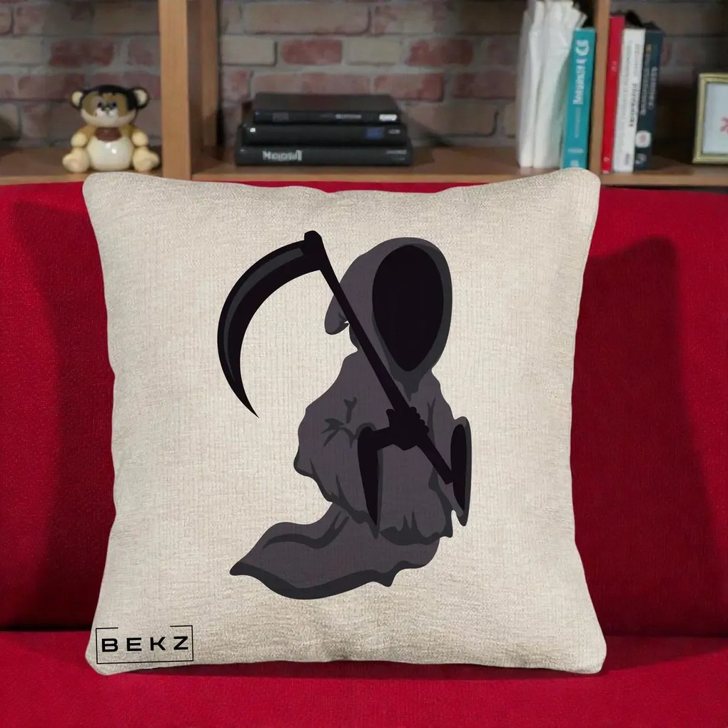 Perna Decorativa Moartea cu Coasa Grim Reaper Halloween, 40x40 cm, Bej Canapea, Husa Detasabila, Perna Inclusa, BEKZ®