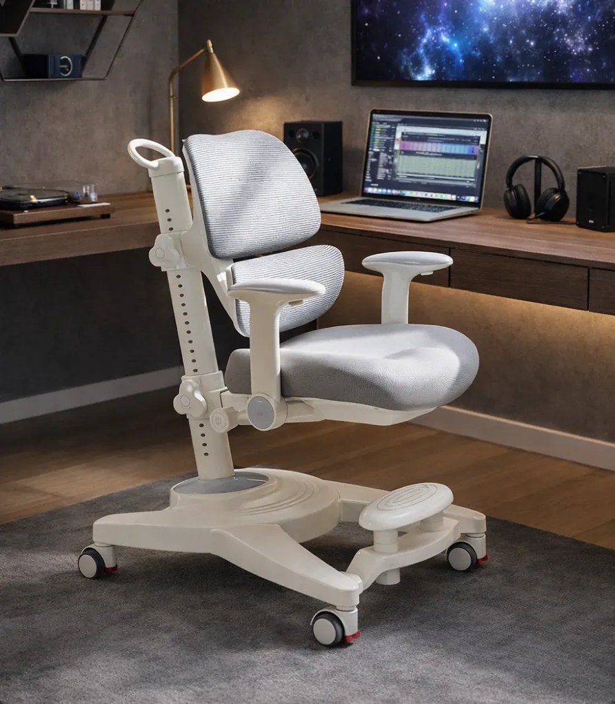 GROWFIT ERGO CARE JUNIOR PRO 360 – Scaun ergonomic reglabil pentru copii și adolescenți, cu spătar dublu adaptiv, suport lombar automat, cotiere 4D, roți cu blocare automată, ajustare completă 360°, Gri