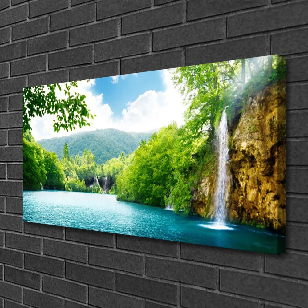 Tablou pe panza canvas Cascada Lacul Copaci Natura Alb Albastru