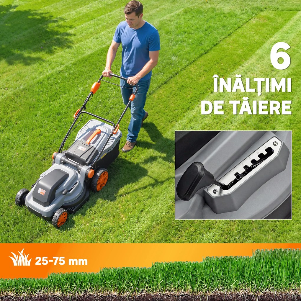 Outsunny Mașină de Tuns Iarba Electrică 1800W cu Lățime de Tăiere de 40cm, Funcție Mulching și Sac de 50L, Mâner Reglabil și Detașabil, 6 Niveluri de Tăiere, Gri Deschis | Aosom Romania