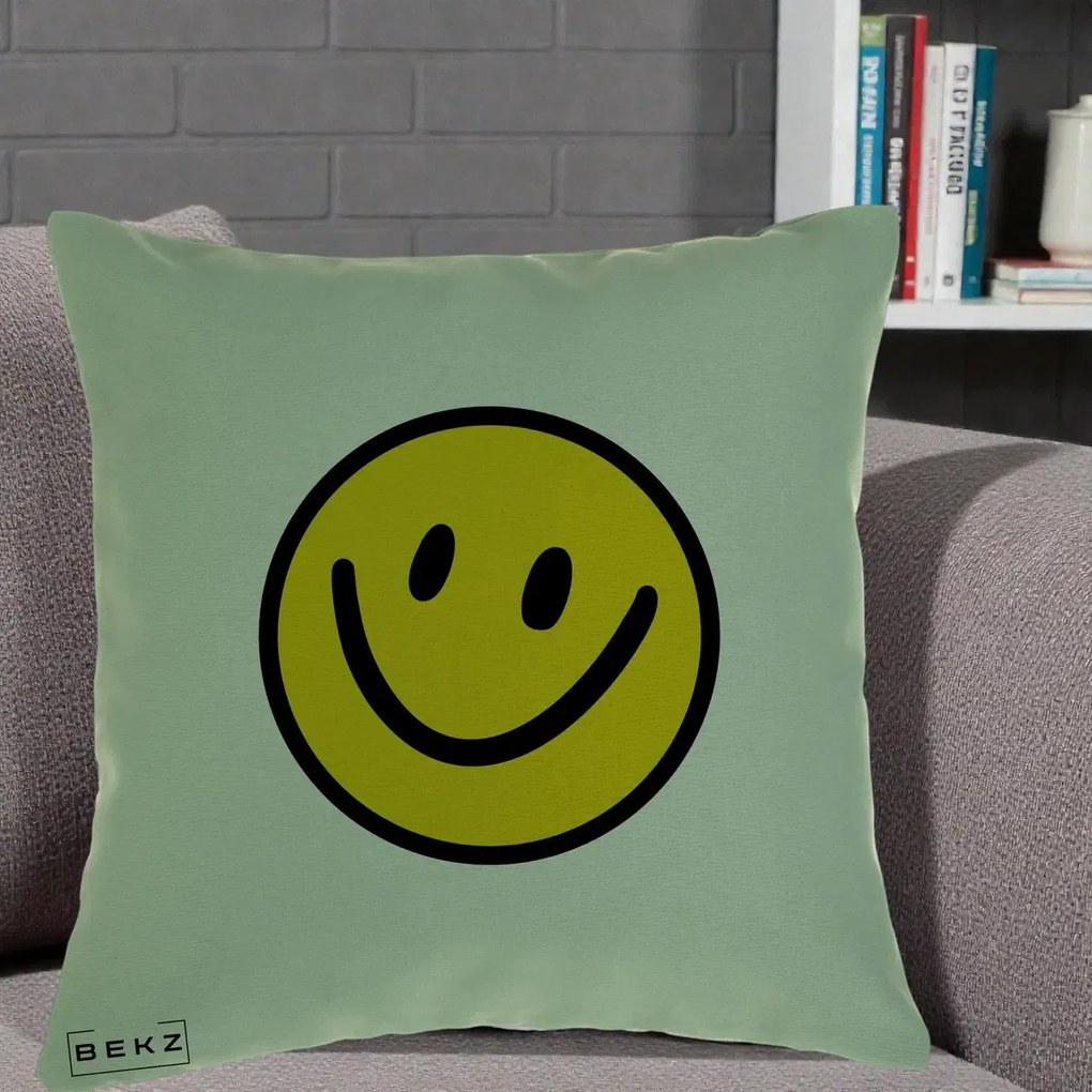Perna Decorativa Smiley Face Galben Clasic, 40x40 cm, Verde, Husa Detasabila, Perna Inclusa, BEKZ®