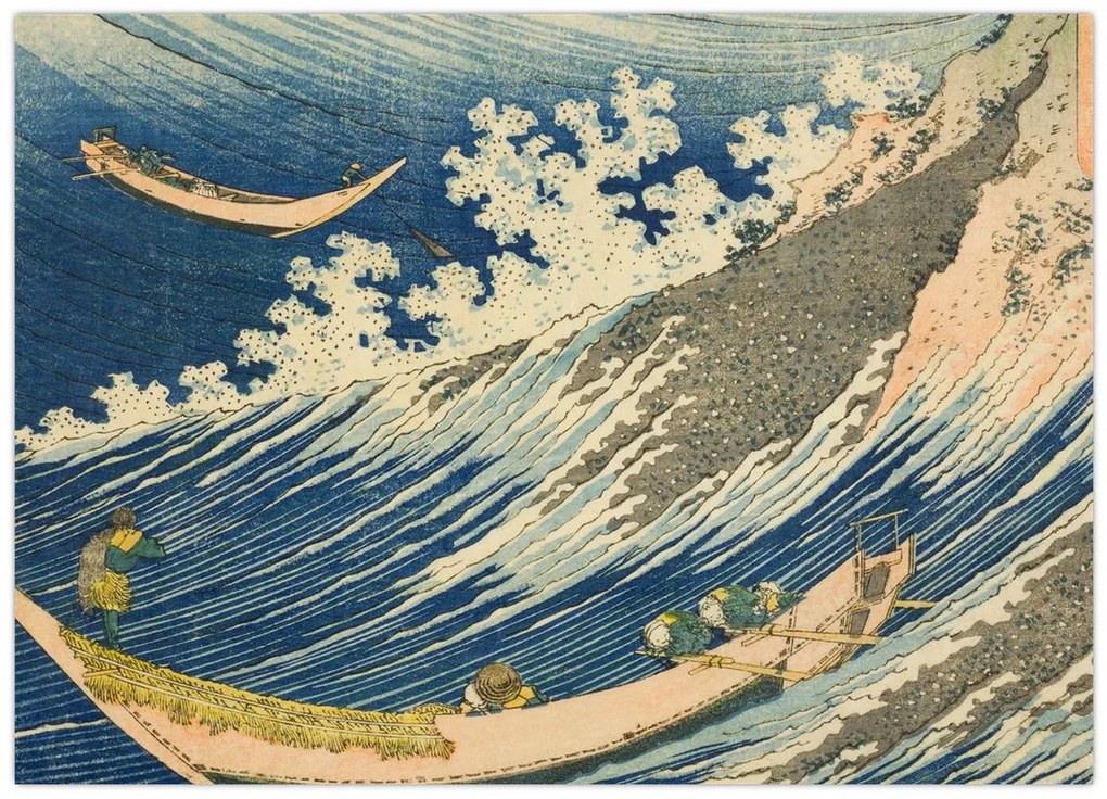 Tablou pe sticlă - Katsushika Hokusai, Fishing Boats at Choshi in Shimosa (Soshu Choshi) , reproducere (70x50 cm)