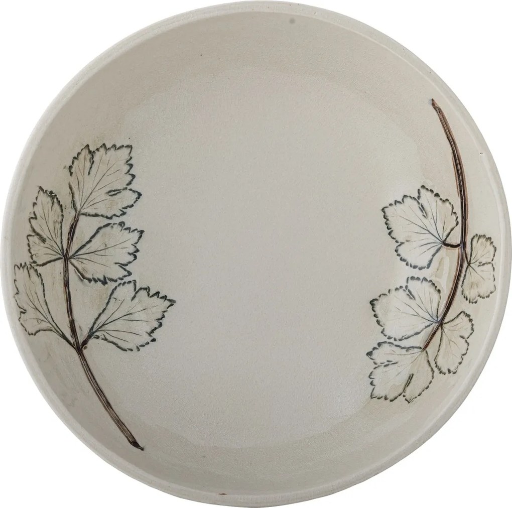 Bol din ceramică artizanală natur cu finisaj antichizat și motive botanice cu frunze, 26×7 cm, "Aubrin"