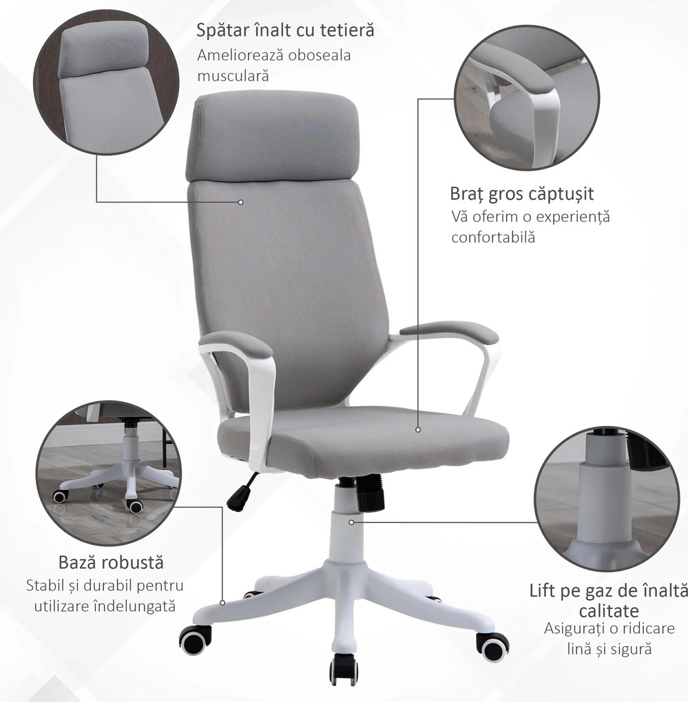 Scaun de Birou Pivotant cu Tetiera, Inaltime Reglabila, Functie de Balansoar, ridicare pneumatica 63x65x113-123cm, Gri Deschis Vinsetto | Aosom RO