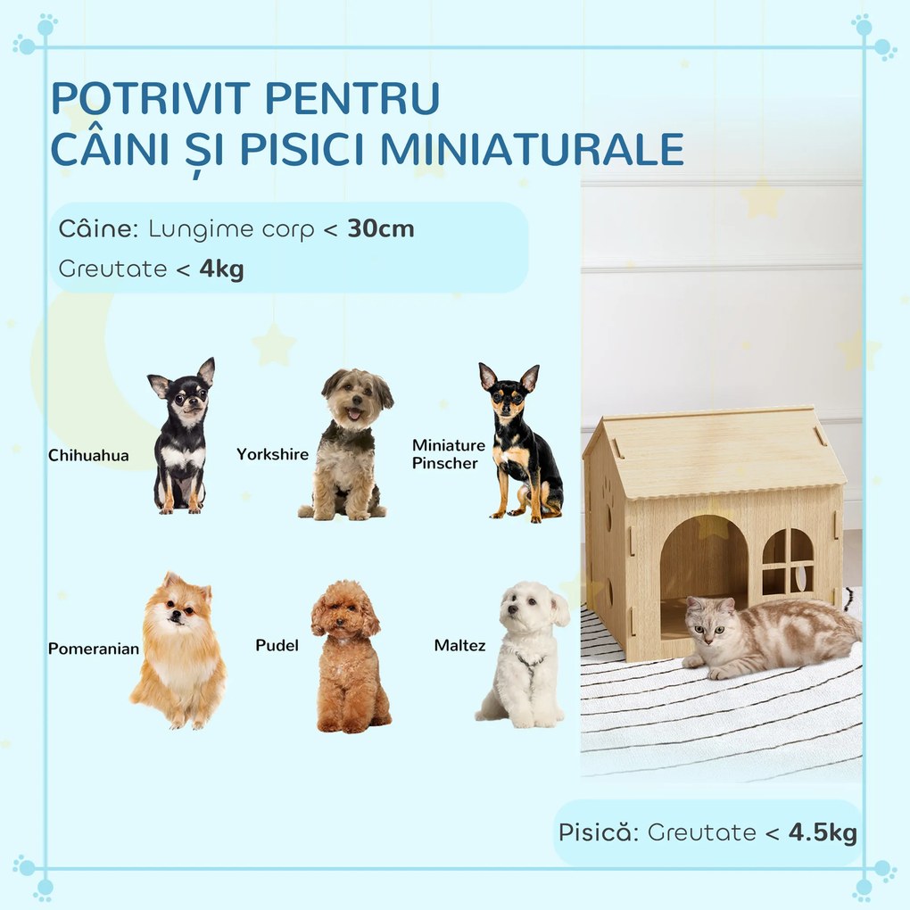 PawHut Căsuță pentru Câini de Interior cu Fereastră Mică și Intrare Frontală, 49,5x41x51 cm, Lemn Natural | Aosom Romania