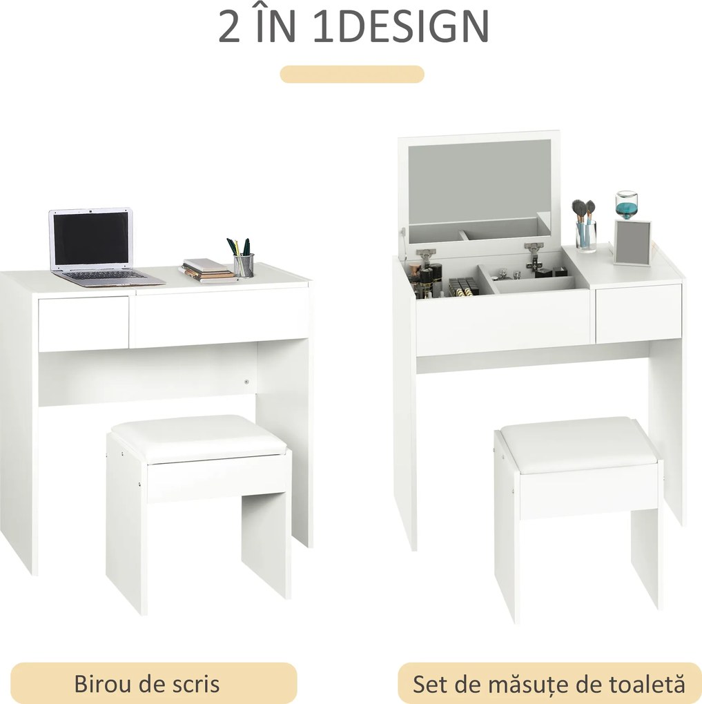 HOMCOM Set Mobilier pentru Toaletă cu Oglindă, Taburet și Sertar, Design Elegant, Masa Consola Alb | Aosom Romania