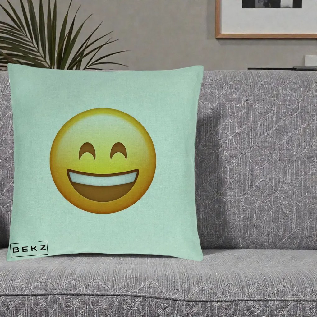 Perna Decorativa Emoji Zambet Mare, 40x40 cm, Verde Menta, Husa Detasabila, Perna Inclusa, BEKZ®