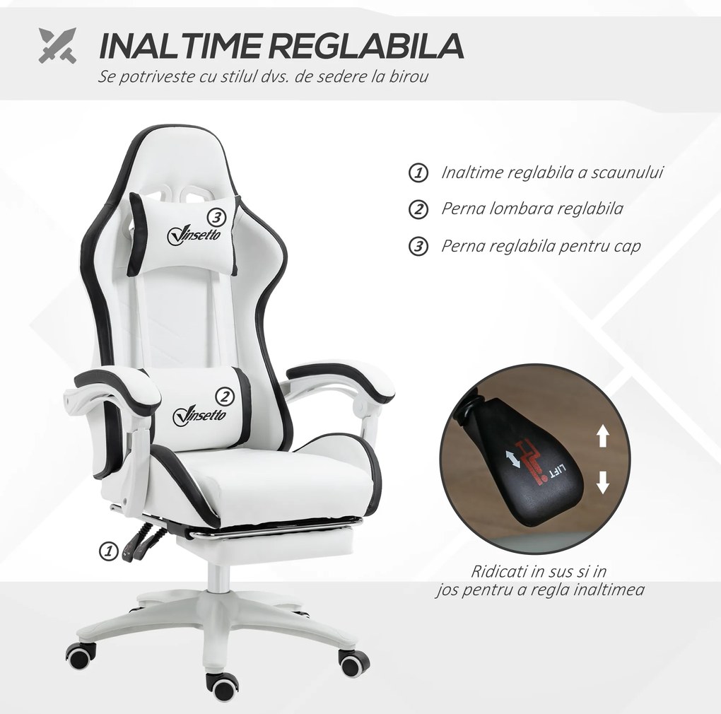 Vinsetto Scaun Gaming Reglabil pe Înălțime, Rabatabil și cu Suport pentru Picioare, Alb | Aosom Romania