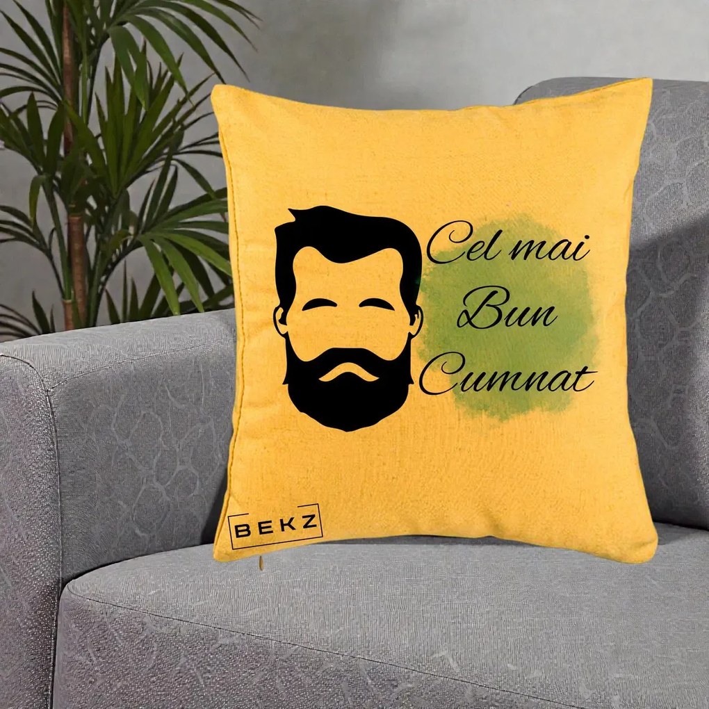 Cadou pentru Cumnat - Perna Personalizata Cel mai Bun Cumnat cu Portret Barbat si Pete Teal, 40x40 cm, Galben, Husa Detasabila, Perna Inclusa, BEKZ®