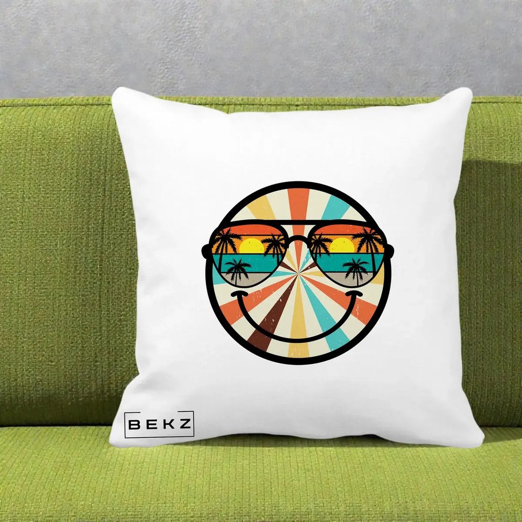 Perna Decorativa Smiley Face Retro Sunset Palmieri, 40x40 cm, Alba Mata, Husa Detasabila, Perna Inclusa, BEKZ®