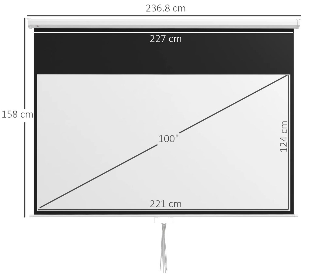HOMCOM Ecran Proiector 100", 16:9, Montaj Perete/Tavan, Material Mat Premium, Blocare Automată, 221x124 cm, Alb | Aosom Romania