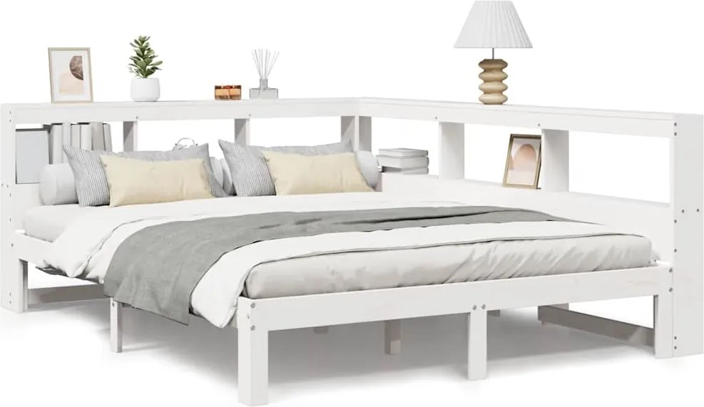 vidaXL Pat cu bibliotecă fără saltea, alb, 150x200 cm, lemn masiv pin