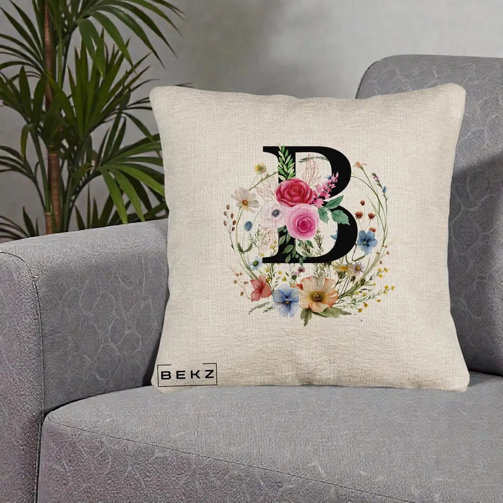 Cadou Personalizat - Perna Personalizata Monogram Litera B cu Flori Acuarela, 40x40 cm, Bej Canapea, Husa Detasabila, Perna Inclusa, BEKZ®