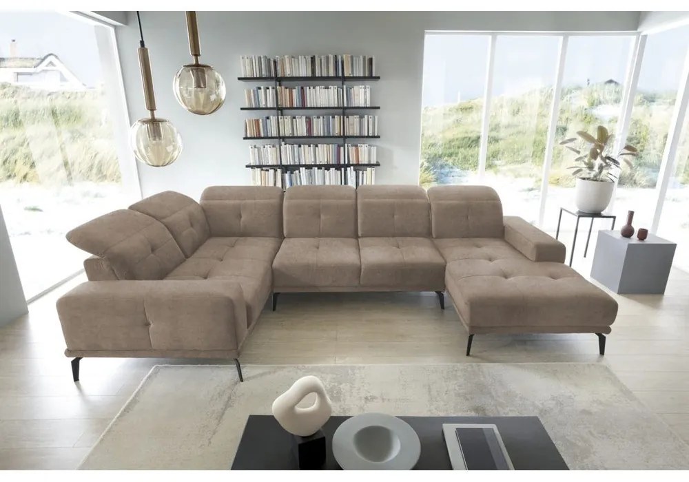 Colțar maro deschis cu tapițerie din catifea (cu colț pe partea stângă/în formă de "U") Neviro – ELTAP