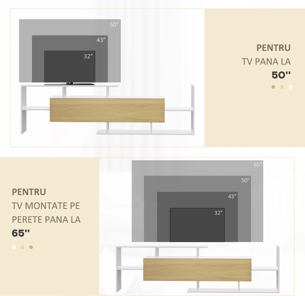 HOMCOM Dulap TV cu Raft de Perete, Rafturi Deschise și Dulăpior din Lemn, Mobilier TV Modern, 153,6x25x42 cm, Alb | Aosom Romania