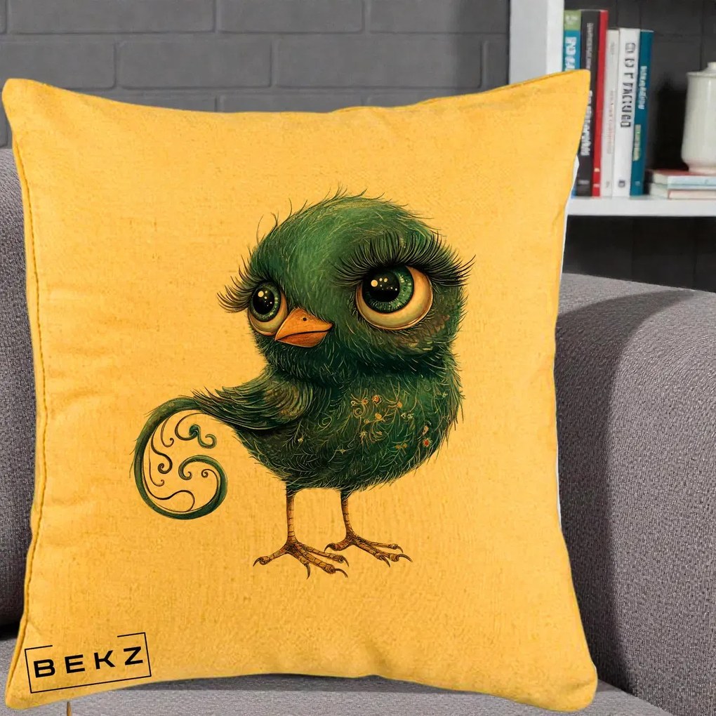 Perna Decorativa Pasare Teal cu Motive Aurii si Coada Spiralata, 40x40 cm, Galben, Husa Detasabila, Perna Inclusa, BEKZ®