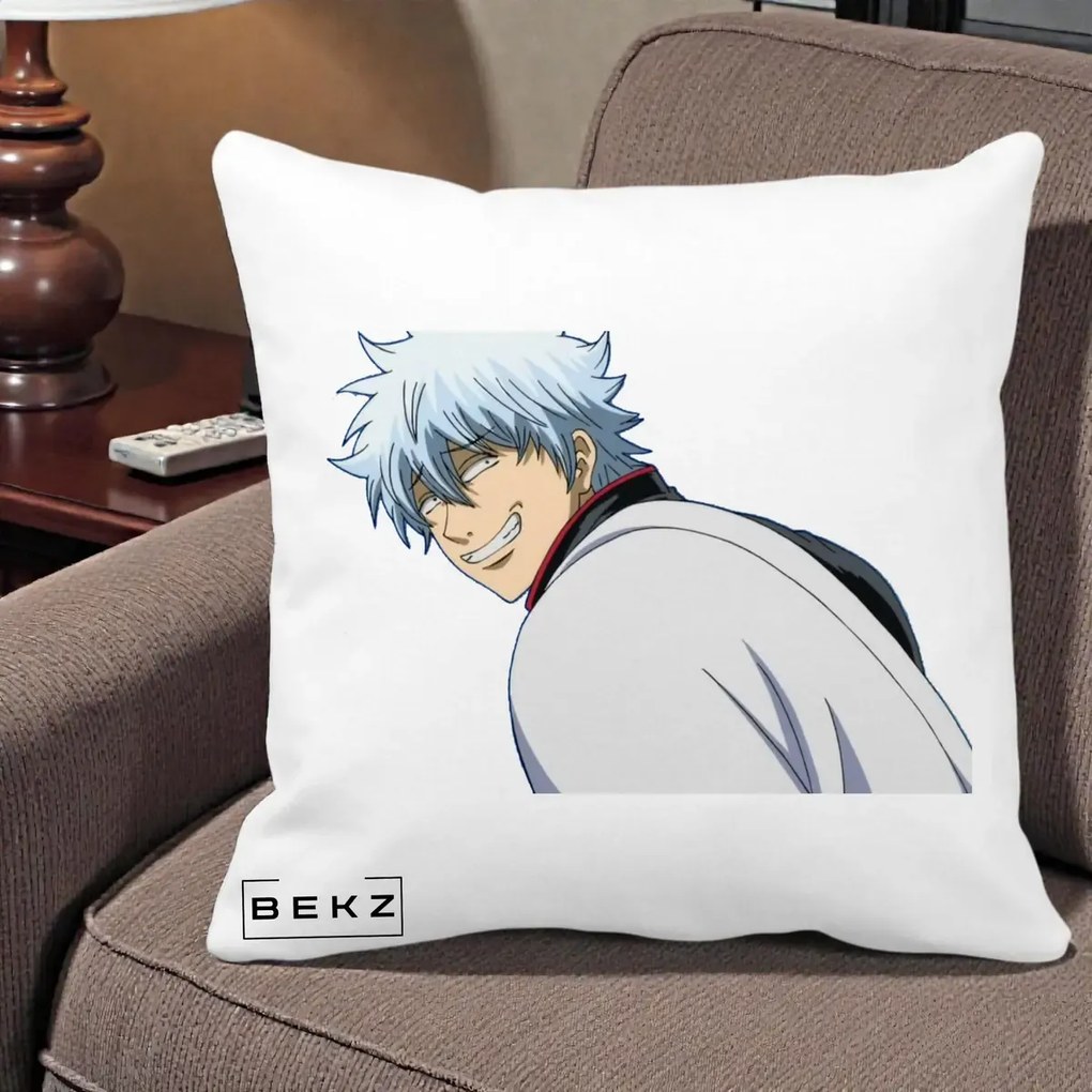 Perna Personalizata Gintama Gintoki Portret cu Zambet, 40x40 cm, Alba Mata, Husa Detasabila, Perna Inclusa, BEKZ®