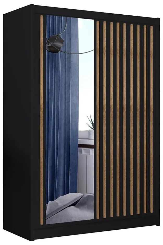 Dulap SANTINO cu oglindă, 150 x 215 cm, negru/stejar craft