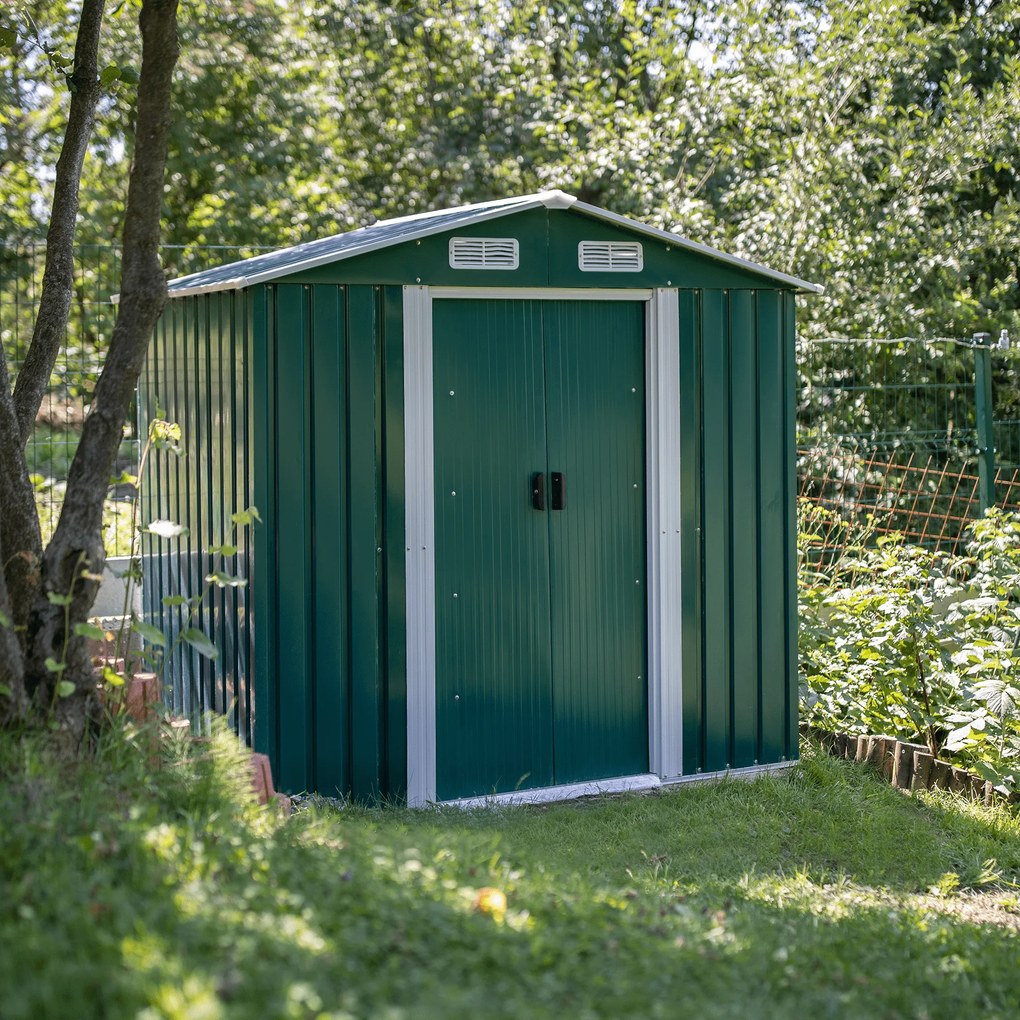 Căsuţă pentru grădină din tablă pentru scule, verde / alb, 2x1,3x1,8 m, HAMAL TIP 1