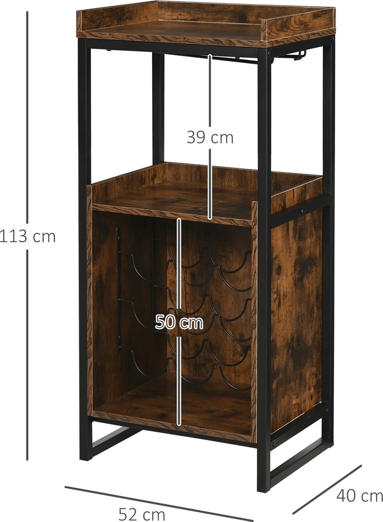 HOMCOM Dulap Vinuri Stil Industrial Suport 9 Sticle Pahare Rafturi 52x40x113cm Maro | Aosom Romania