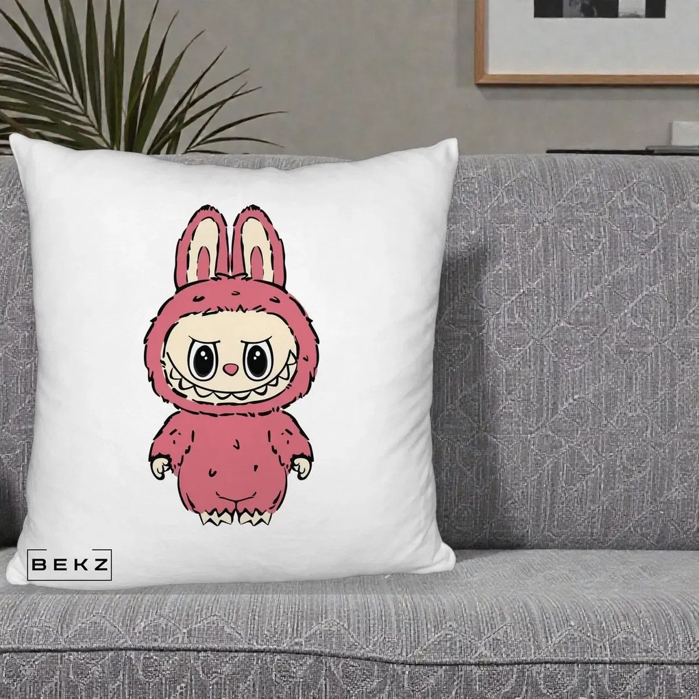 Perna Personalizata Labubu Roz Solo, 40x40 cm, Alb Pufos, Husa Detasabila, Perna Inclusa, BEKZ®