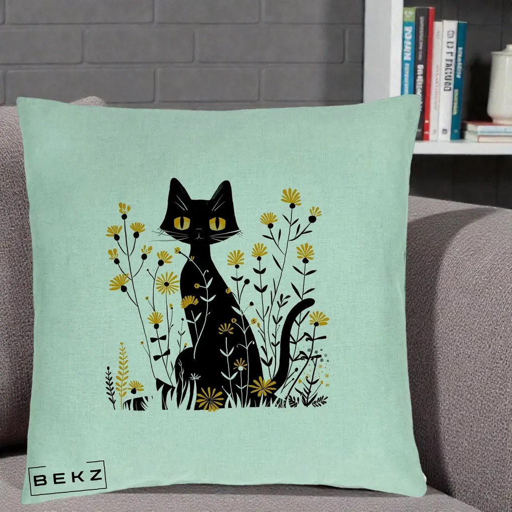 Perna Decorativa Pisica Neagra Ochi Galbeni Flori Galbene, 40x40 cm, Verde Menta, Husa Detasabila, Perna Inclusa, BEKZ®