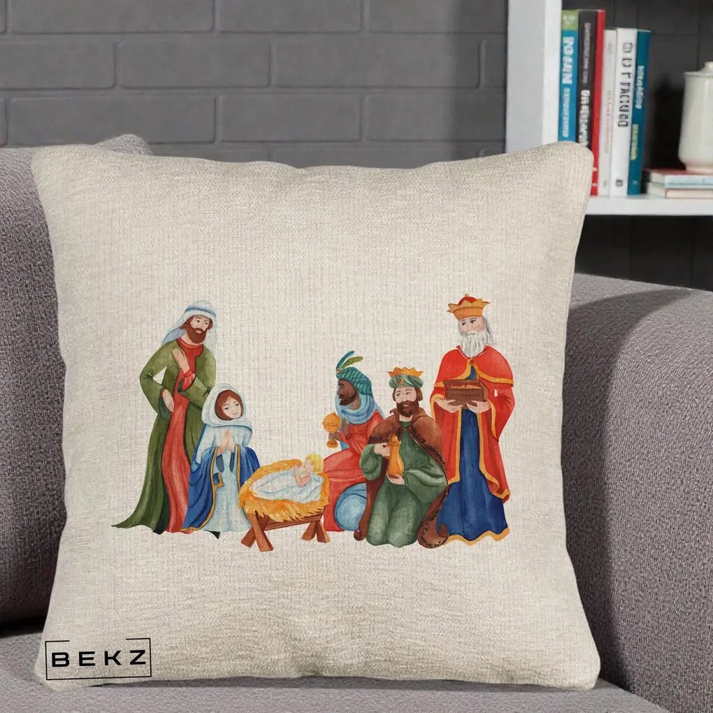 Perna Decorativa Nasterea Domnului Cei Trei Magi Acuarela, 40x40 cm, Bej Canapea, Husa Detasabila, Perna Inclusa, BEKZ®