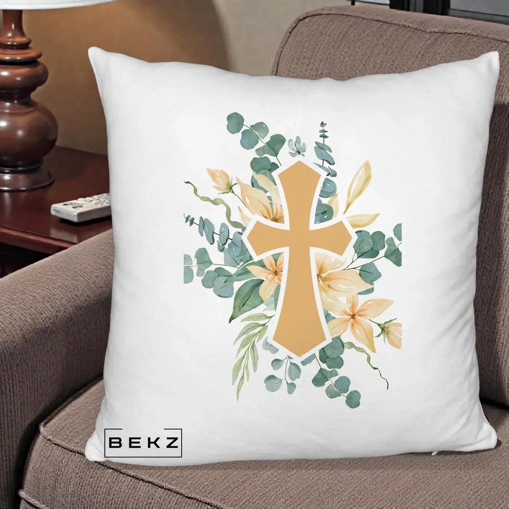Perna Personalizata Cruce Florala Botez, 40x40 cm, Alb Pufos, Husa Detasabila, Perna Inclusa, BEKZ®