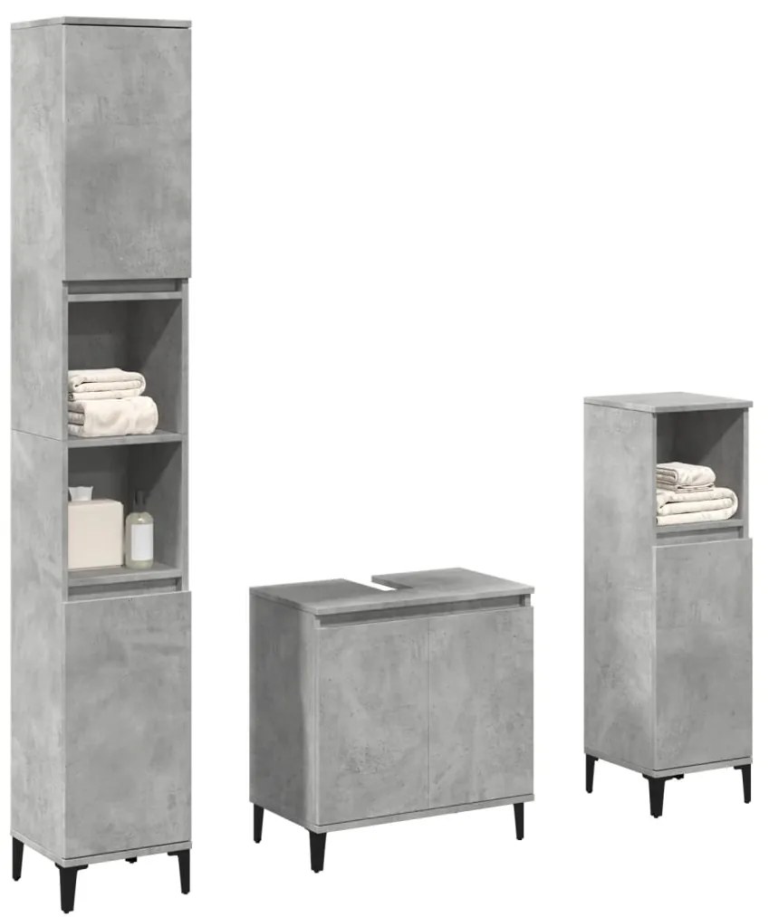 vidaXL Set mobilier de baie, 3 piese, gri beton, lemn compozit