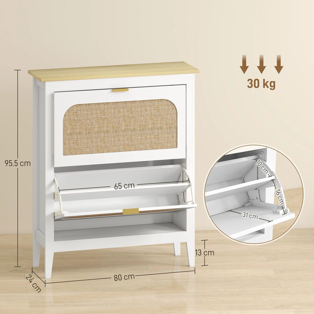 HOMCOM Dulap de pantofi subțire în stil Boho cu 2 sertare rabatabile, pentru 14 perechi de pantofi, Alb | Aosom Romania