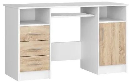 Birou calculator, placa laminata, 3 sertare, 5 rafturi, alb si stejar, 124x52x74 cm, Ana