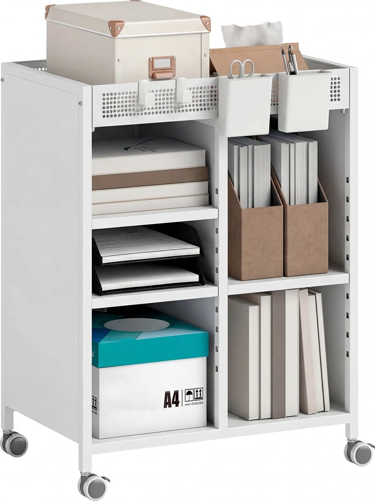 HOMCOM Raft pe roți, 4 niveluri, polițe reglabile &amp; coșuri suspendabile pentru birou de acasă și living, Alb | Aosom Romania