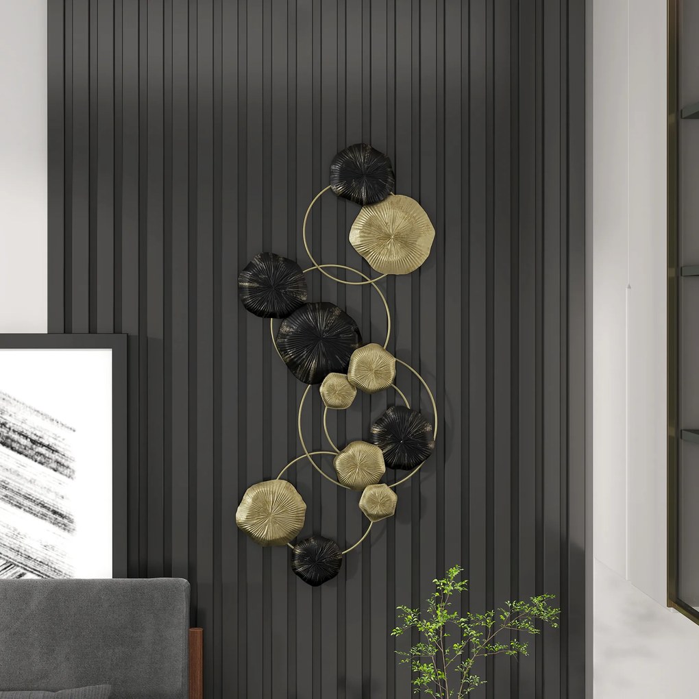 HOMCOM Decorațiune de perete din metal în formă de frunză de lotus, design unic cu discuri multiple, 84 x 35 cm, auriu și negru | Aosom Romania