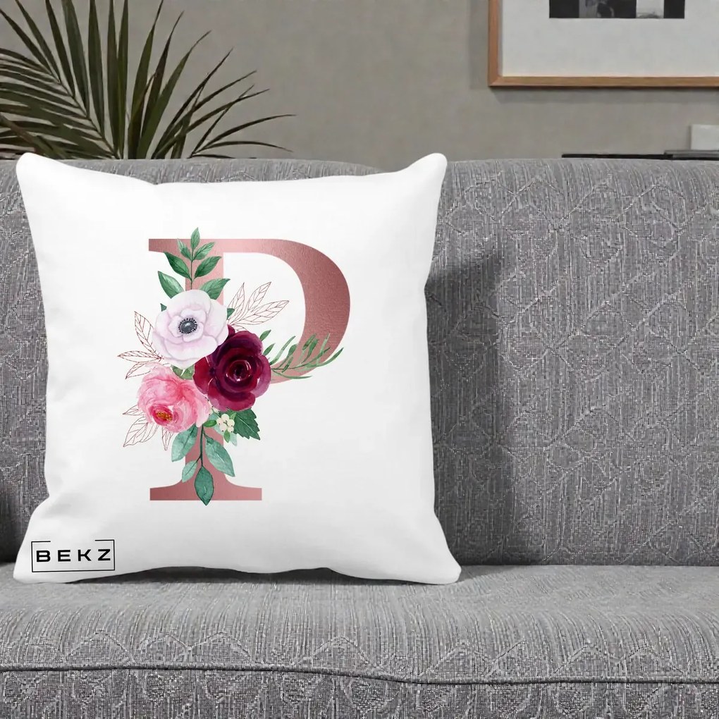 Cadou Personalizat - Perna Personalizata Monograma Rose Gold Litera P, 40x40 cm, Alba Mata, Husa Detasabila, Perna Inclusa, BEKZ®