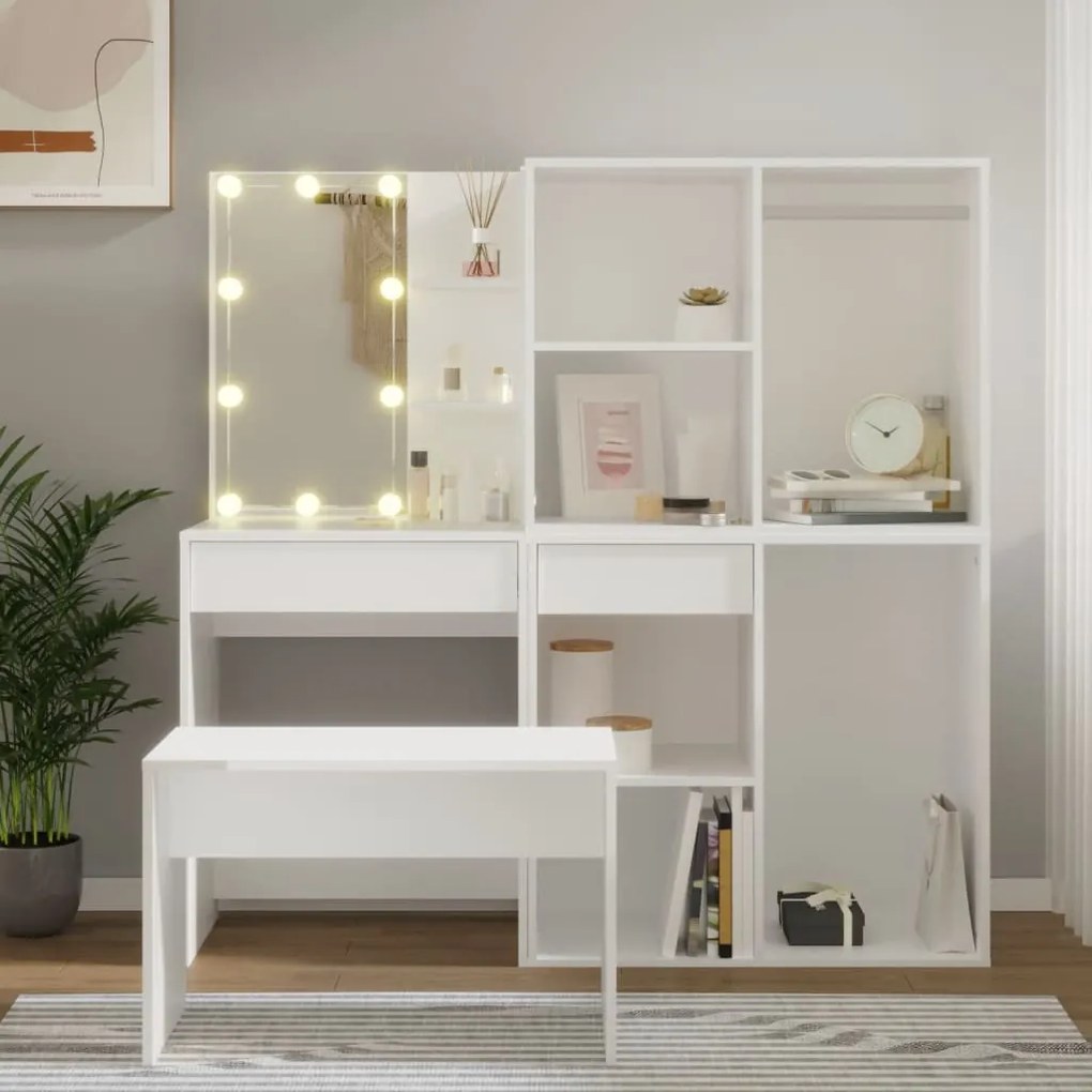 3114099 vidaXL Set măsuță de toaletă cu LED, alb, lemn prelucrat