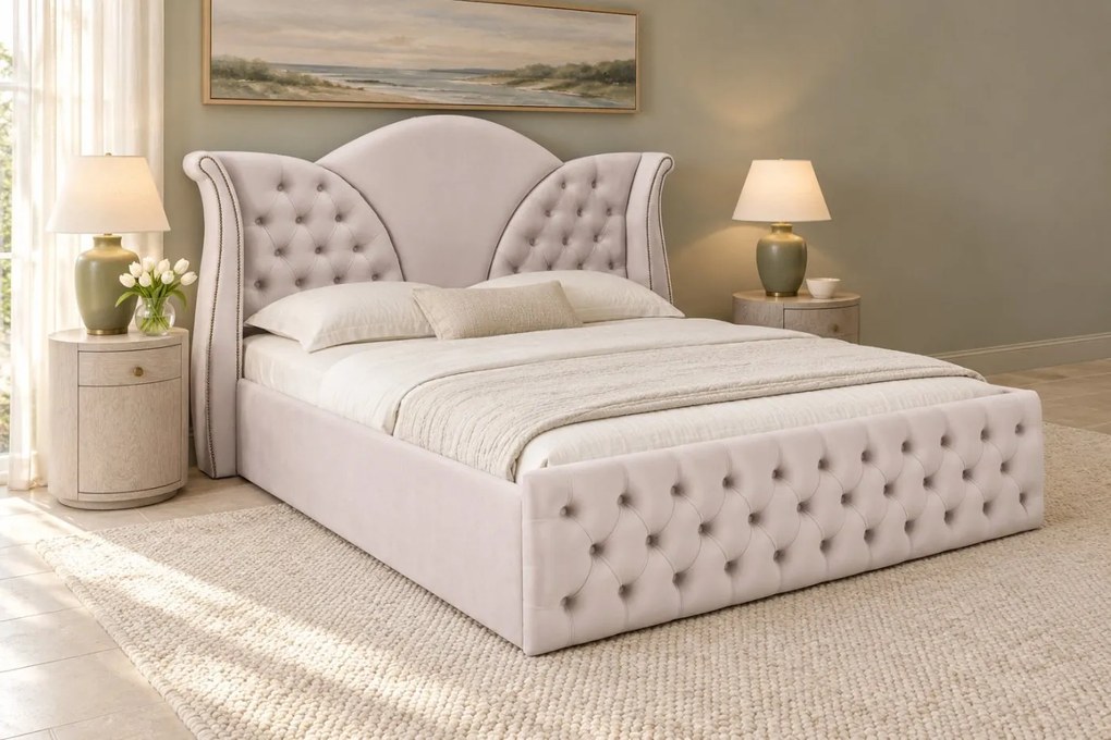 Pat tapițat Chesterfield din catifea Velora 160×200 cm, crem, cu ladă de depozitare