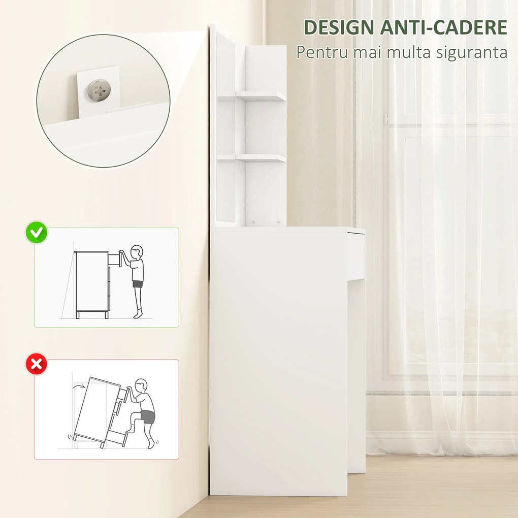 HOMCOM Masă de machiaj cu oglindă, 3 rafturi în colț și sertar, din lemn și sticlă, 75x40x137 cm, Alb | Aosom Romania