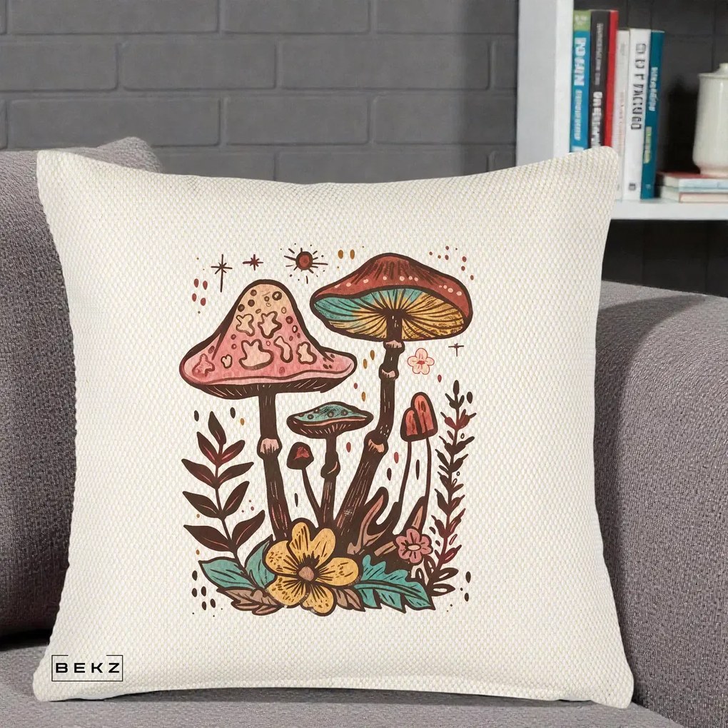 Perna decorativa Ciuperci Boho Multicolore, 45x45 cm cu Umplutura, Crem Reliefat, BEKZ