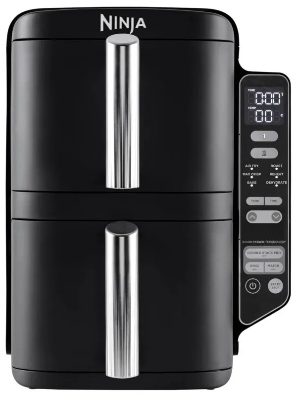 Friteuza dubla cu aer cald Ninja SL300EU, 2470W, 7.6 L, 40-240°C, 2 cosuri, 6 programe, Sincronizare, Timer, Auto stop, Negru
