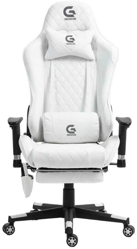 Scaun gaming, Masaj in 7 puncte, Boxe Bluetooth, funcție șezlong, 90-180 grade, suport picioare, sezut benzi elastice sustinere suplimentara, PU, Alb