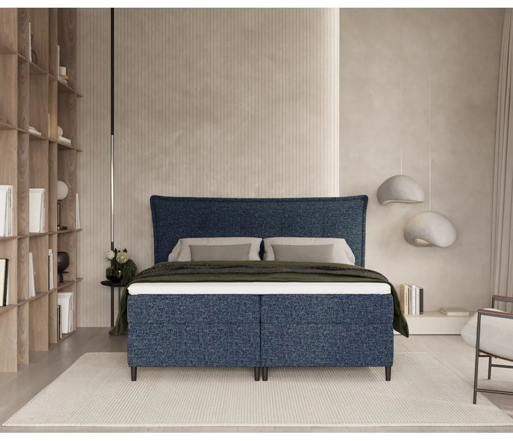 Pat boxspring albastru închis cu spațiu de depozitare 160x200 cm Sinai – Maison de Rêve