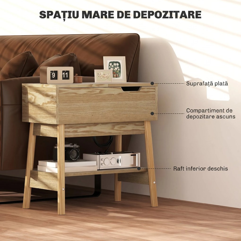 HOMCOM Măsuță de Sufragerie cu 2 Prize CA, Porturi USB, Raft Rabatabil și Raft Deschis, 30x60x60,5 cm, Natural | Aosom Romania