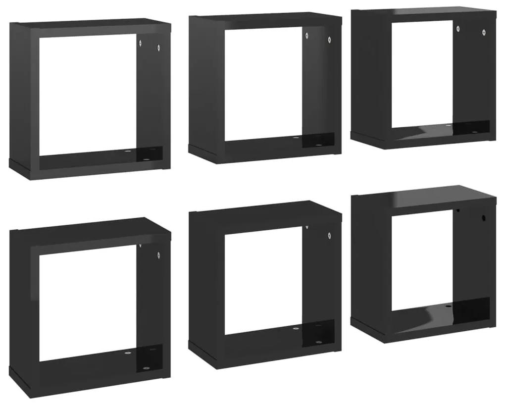 807021 vidaXL Rafturi de perete cub negru extralucios 6 piese 30x15x30 cm