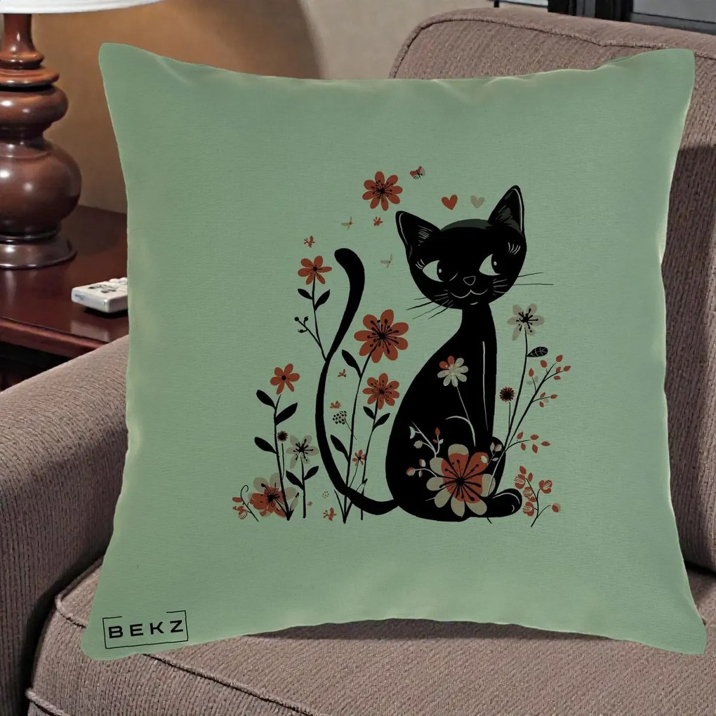 Perna Decorativa Pisica Neagra Flori Roz si Inimi, 40x40 cm, Verde, Husa Detasabila, Perna Inclusa, BEKZ®
