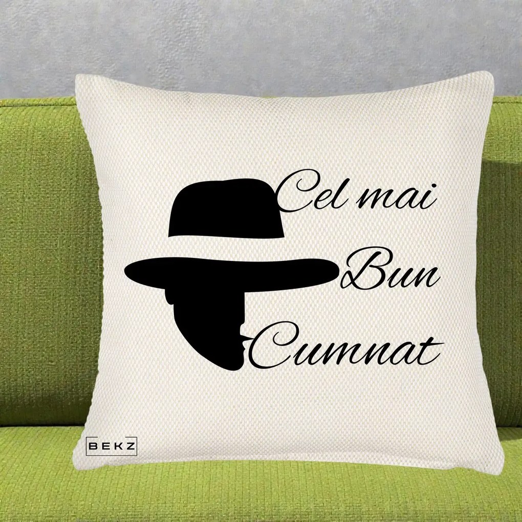 Cadou pentru Cumnat - Perna Personalizata Cel mai Bun Cumnat cu Silueta Palarie, 40x40 cm, Crem Reliefat, Husa Detasabila, Perna Inclusa, BEKZ®